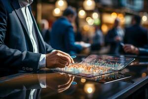 Close up of businessman hand holding digital hologram with blue lights on background. AI generated photo