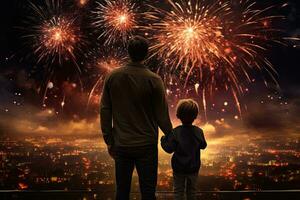 Silhouette of father and son with fireworks on the background of the city. Back view of father and son looking at fireworks on night city background. AI generated photo