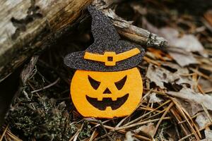 Toy pumpkin Jack made of felt in the forest, Halloween decor photo