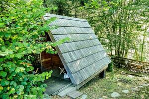 a small wooden cabin in the woods photo