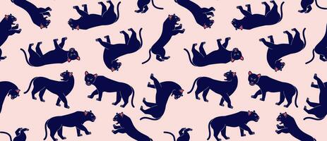 Seamless pattern with panthers on a pink background. Vector abstract background with big cats. African animals.