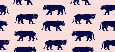 Seamless pattern with panthers on a pink background. Vector abstract background with big cats. African animals.