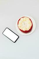 Cake with red velvet decor with a candle for a birthday photo
