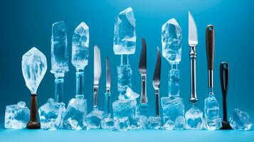 Ice sculpting tools meticulously arranged isolated on a gradient background photo