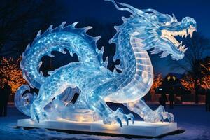 Awe inspiring icy dragon masterpiece glimmering in the chilly winter moonlight photo