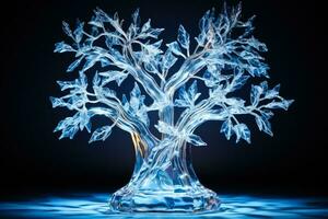 Glowing light illuminating intricate ice sculpture isolated on a gradient background photo