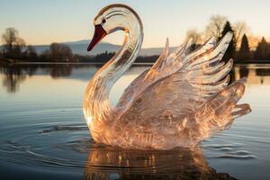 Mirror reflections enhancing the complexity of a translucent ice swan photo