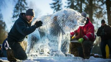 Ice sculptors chisel and chainsaw reveal a frosted bear emerging stoically photo