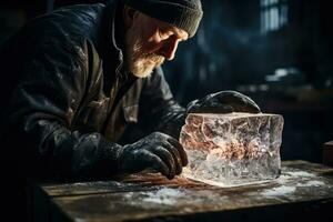 Sculptor masterfully chiseling intricate details into a raw block of ice photo