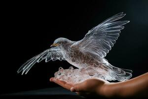 Frosty hands of a sculptor shaping an ice bird isolated on a gradient background photo