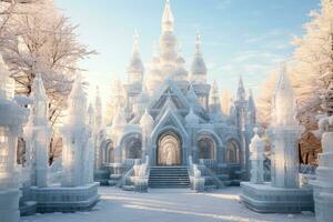 Frost covered ice sculptures standing majestically in a winter wonderland setting photo