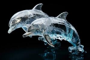 Crystal clear dolphin ice sculpture making a leap isolated on a white background photo