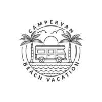 beach and campervan badge monoline or line art style vector illustration