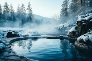 Misty winter hot springs enveloped in frost background with empty space for text photo