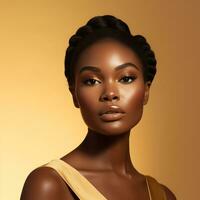 belleza retrato de negro mujer cara con natural piel, estilizado con un trenzado updo - ai generativo foto