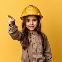 un pequeño niña en un difícil sombrero y beige camisa es puntos a tú, en contra un amarillo antecedentes - ai generativo foto