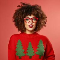 A Girl in a festive red sweater adorned with green Christmas trees, set against a pink background - Ai Generative photo