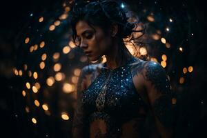 Beautiful Woman, wearing a blue dress with intricate silver designs and tattoos, standing in a dark forest with small lights hanging from a tree, mysterious and enchanting mood - Ai Generative photo