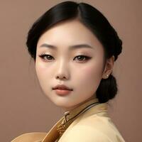 Chinese female model with dark hair styled in a bun, beige background - Ai Generative photo