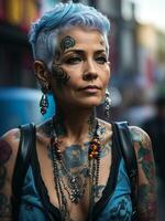 Old lady with styled short hair in blue, colorfull tattoos, piercings, and a black leather harness, set against a busy street background - Ai Generative photo