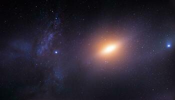 A starry night sky featuring a bright orange comet or meteor and a blue nebula with a radiant blue star at its center, Universe filled with stars, nebula and galaxy - Ai Generative photo