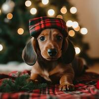 A dog wearing a plaid hat, laying on a blanket in front of a Christmas tree with white lights and red ornaments - Ai Generative photo