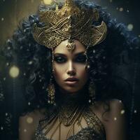 un mujer adornado con florido oro corona, collar, y pendientes en contra un oscuro antecedentes con un bokeh efecto - ai generativo foto