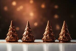 Artistic chocolate Christmas trees with glitter decorations isolated on a gradient background photo