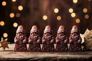 Artisan crafted chocolate Christmas carolers festive background with empty space for text photo