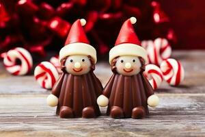 Artisan chocolate elves with candy cane accessories Christmas setting background with empty space for text photo