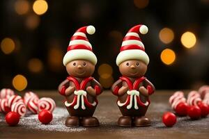 Artisan chocolate elves with candy cane accessories Christmas setting background with empty space for text photo
