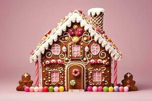 Detailed chocolate gingerbread house with candy adornments isolated on a gradient background photo