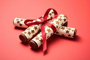Surprising sweet filled chocolate Christmas crackers isolated on a gradient background photo