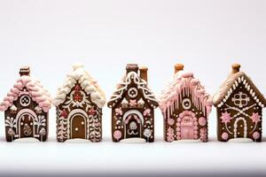 Stunning detailed chocolate gingerbread houses with candy adornments isolated on a white background photo