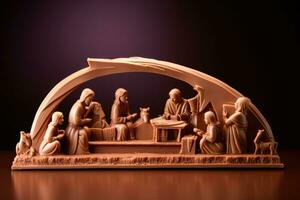 Sculpted chocolate nativity scene in crafting process isolated on a gradient background photo