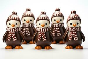 Artistic angles of chocolate Christmas Penguins with scarf and hat details isolated on a white background photo