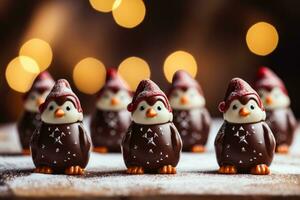 Artistic angles of chocolate Christmas Penguins background with empty space for text photo