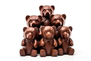 High definition shot of artistically crafted chocolate teddy bears isolated on a white background photo