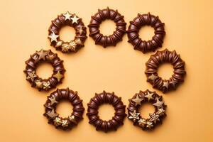 Exquisite hand molded chocolate Christmas wreaths isolated on a gradient background photo