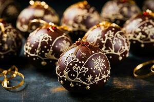 Festive chocolate ornaments with edible Christmas paintings background with empty space for text photo