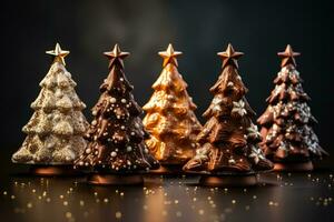 Artistic chocolate Christmas trees with glitter decorations isolated on a gradient background photo