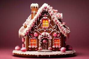 Detailed chocolate gingerbread house with candy adornments isolated on a gradient background photo