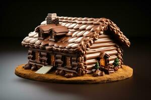 Progressive creation of a chocolate log cabin isolated on a gradient background photo