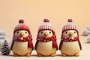 Chocolate Christmas Penguins with edible scarf and hat isolated on a gradient background photo