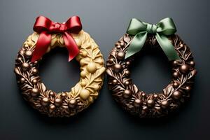 Exquisite hand molded chocolate Christmas wreaths isolated on a gradient background photo