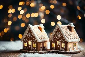 Chocolate gingerbread houses adorned with candy Christmas setting background with empty space for text photo