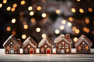 Chocolate gingerbread houses adorned with candy Christmas setting background with empty space for text photo