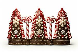 inmaculado detallado chocolate caramelo bastones con fiesta adornos aislado en un blanco antecedentes foto