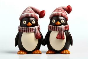 Artistic angles of chocolate Christmas Penguins with scarf and hat details isolated on a white background photo