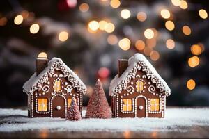 Chocolate gingerbread houses adorned with candy Christmas setting background with empty space for text photo